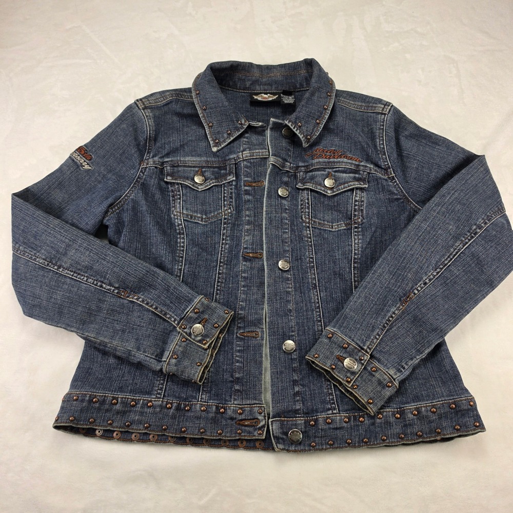 Harley Davidson Denim Jacket Women L Excellent 105th Anniversary Studded Vintage